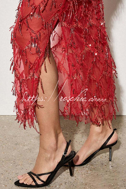 Fashionable Mesh See-through Sequined Tassel Midi Skirt