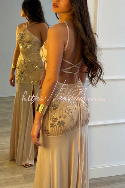 Fashionable Sequined Halter Neck Elegant Slim-fit Slit Maxi Dress