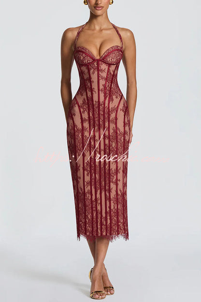 Rona Floral Lace Contrast Structural Detail Back Lace-up Halter Slit Midi Dress