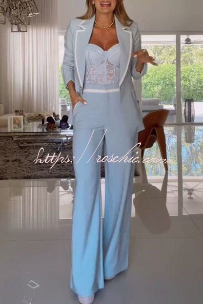 Timeless Essence Color Block Trim Button Up Long Sleeve Lapel Blazer