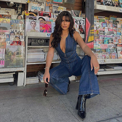 Heart Shaped Backless Denim Jumpsuit