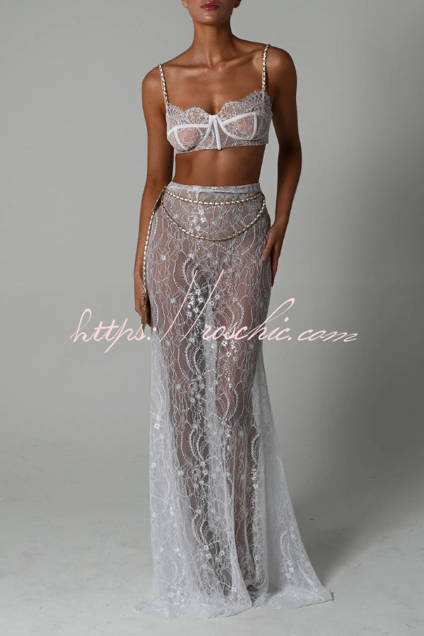 Stylish Lace Camisole Bra Top and Vacation See-through Maxi Fishtail Skirt Set