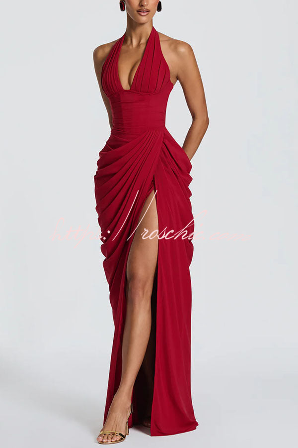 Minette Halter Back Lace-up Asymmetrical Pleats Slit Maxi Dress