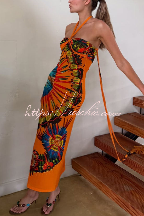 Ethnic-style Contrast Color Artistic Printed Beaded Halter Maxi Dress