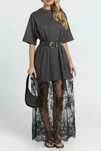 Stylish Loose-fitting Round Neck Short-sleeved Spliced lace Hem Maxi Dress