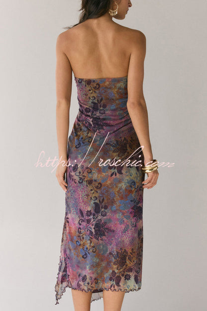 Mesh Tie-dye Slit Strapless Maxi Dress