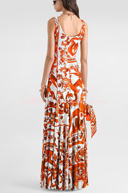Arnell Contrast Color Artistic Floral Print Square Neck Pleated Hem Maxi Dress