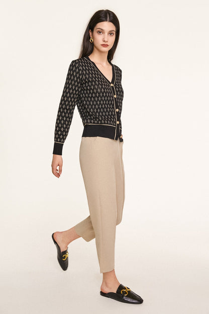 Black Jacquard-Knit V-Neck Button-Up Cardigan