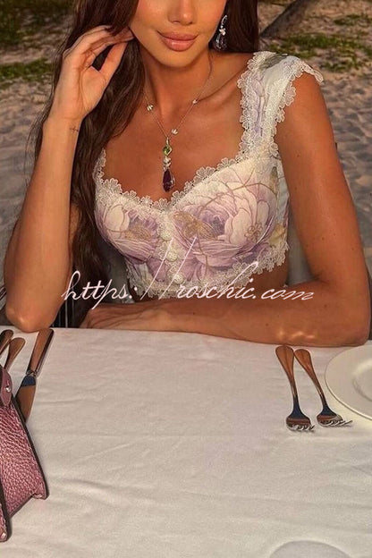 Romantic and Beautiful Floral Print Lace Trim Sweetheart Neck Tank and High Rise Maxi Skirt Set