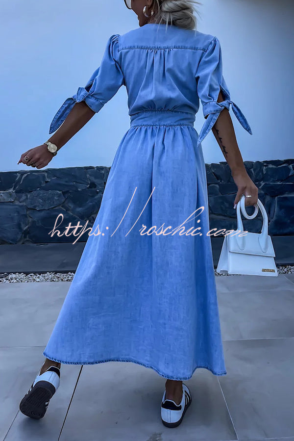 Solid Color V-neck Button-down Denim Midi Dress