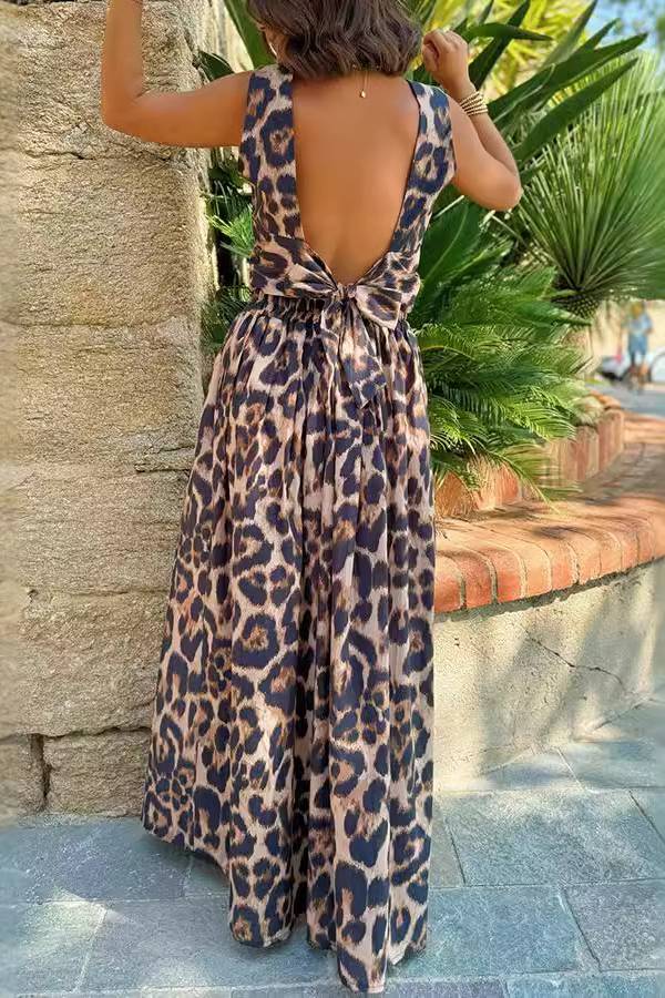 Leopard Print Sleeveless Crop Top & High-Waisted Maxi Skirt Two-Piece Set