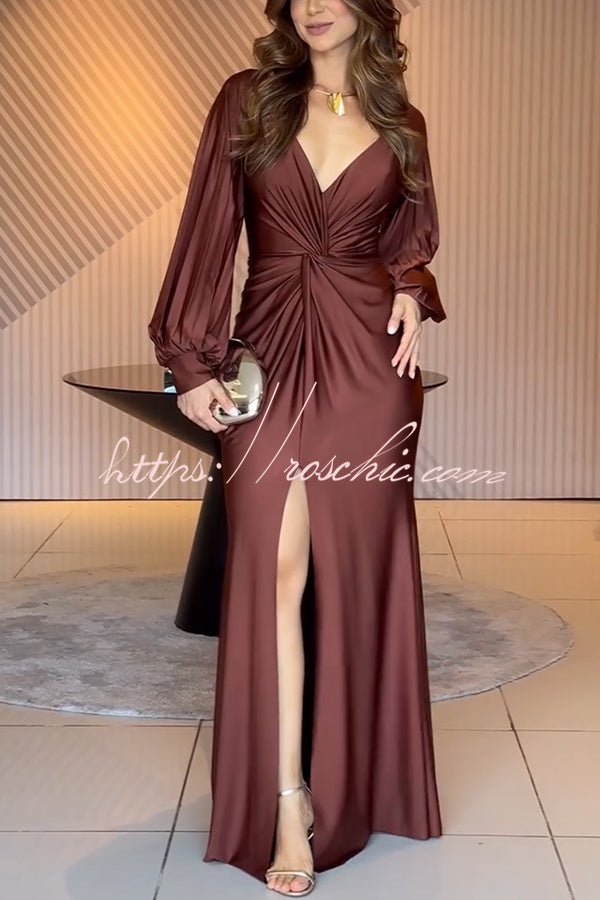 Raise A Toast Satin Long Balloon Sleeve Twist Waist Slit Maxi Dress