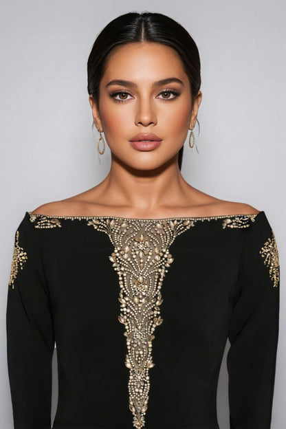 Iontk Black Beaded Diamond Mesh Maxi Dress