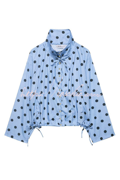 Polka Dot Print Loose Stand Collar Button Bow Tie Casual Long-sleeved Jacket
