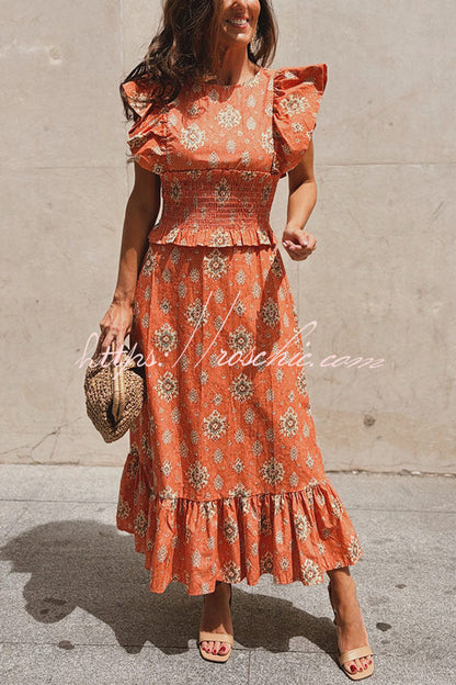 Emilia Unique Print Flutter Sleeve Smocked Top and Elastic Waist Maxi Skirt Set