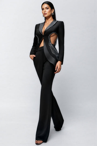 Runte Openwork Rhinestone Blazer Trousers Set