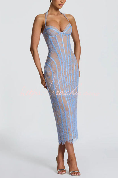 Rona Floral Lace Contrast Structural Detail Back Lace-up Halter Slit Midi Dress