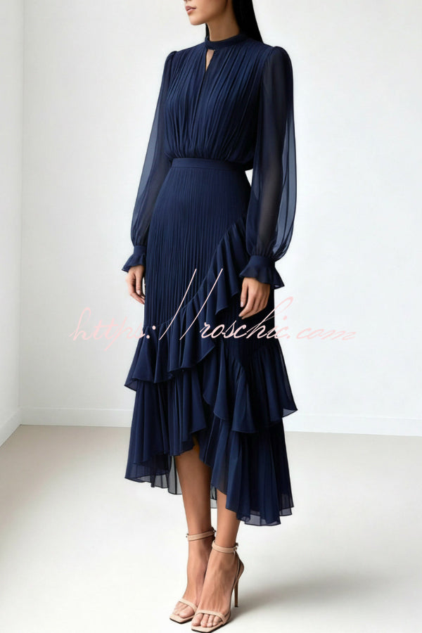 Solid Color Round Neck Long Sleeve Fitted Waist Pleated Ruffle Midi Dress