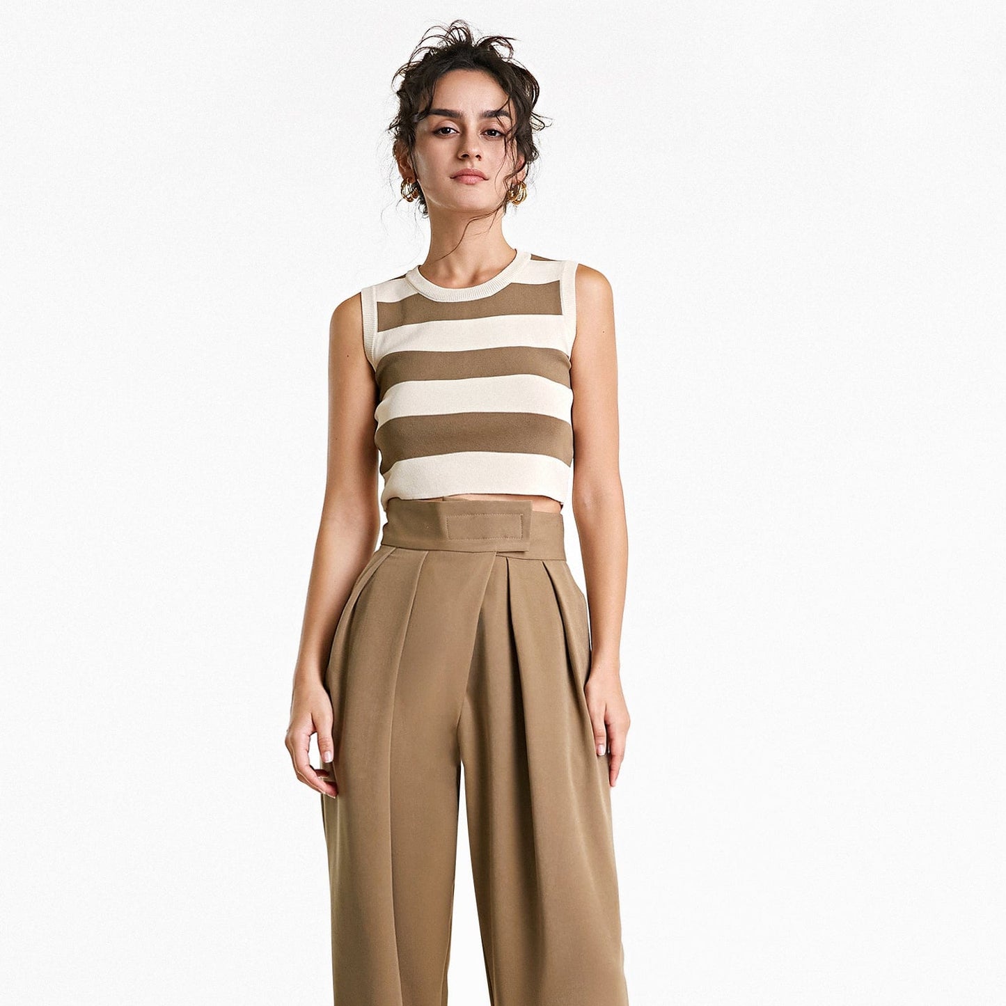 Ivory Striped Crew Neck Rib-Knit Vest