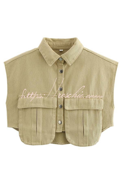 Stylish Weekend Denim Button Up Cape Sleeve Pocket Crop Top