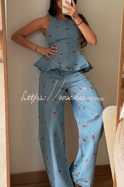 Sweet Casual Denim Cherry Print High Rise Pocket Straight Leg Loose Jeans