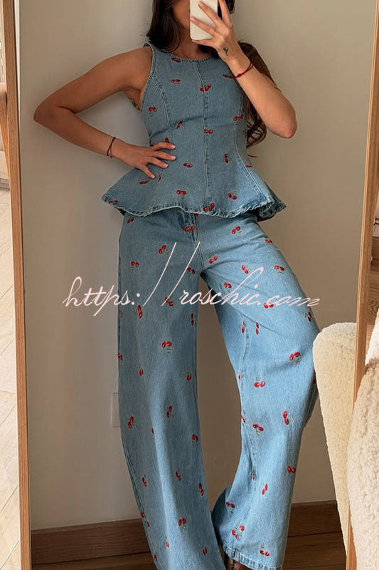 Sweet Casual Denim Cherry Print High Rise Pocket Straight Leg Loose Jeans