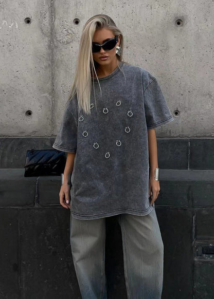 Shadow Pierced Oversized Tee – Washed Black Street Statement