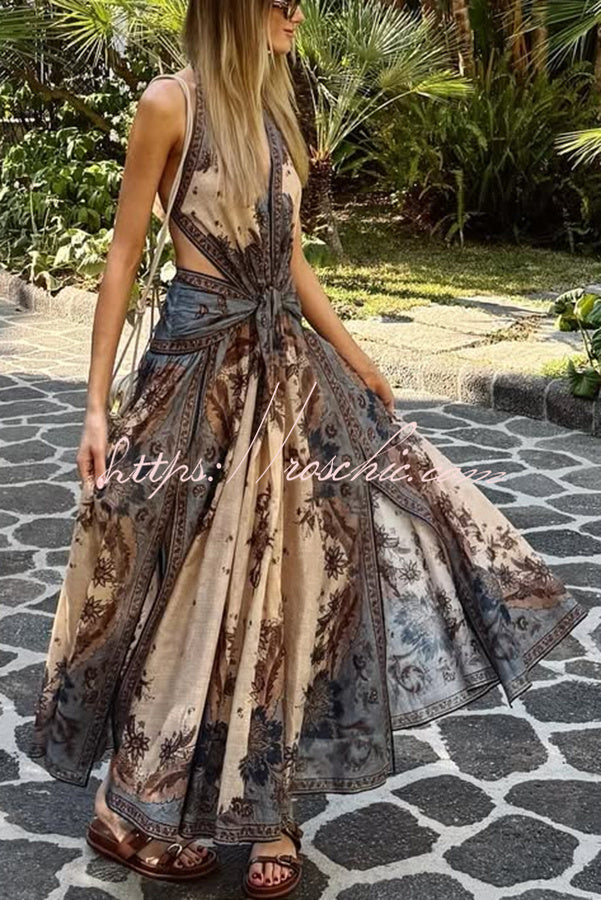 Chapel Linen Blend Floral Print Cutout Tie-up Waist Pocket Halter Backless Maxi Dress