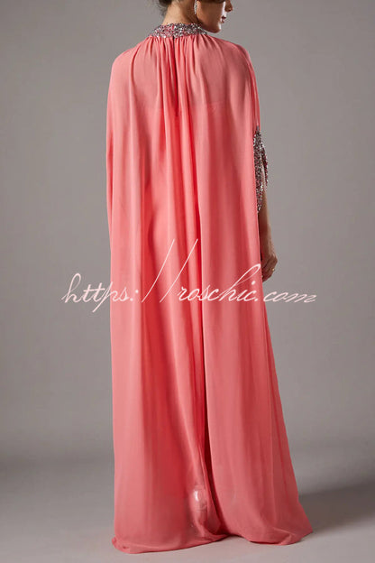 My Dearest Chiffon Sequin Trim High Neck Batwing Cutout Sleeve Cape Maxi Dress