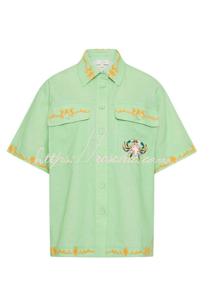 Linen Blend Loose-fitting Short-sleeved Button-down Shirt and Casual Pocket Shorts Set