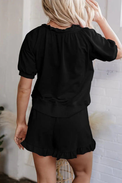 Women's Casual Puff Sleeve Top and Ruffle Shorts Set