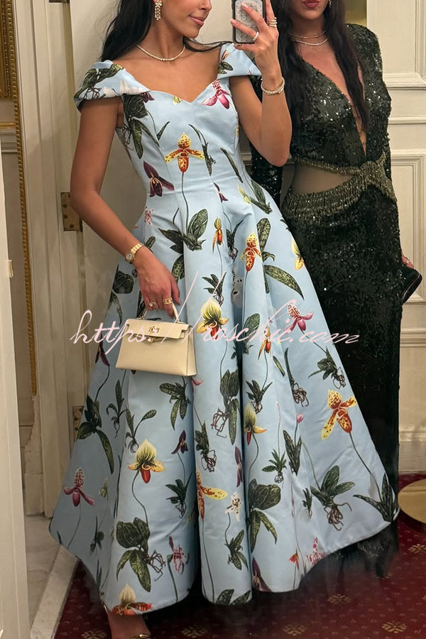 Fresh Bloom Floral Print Short Sleeve Umbrella Hem Maxi Dress