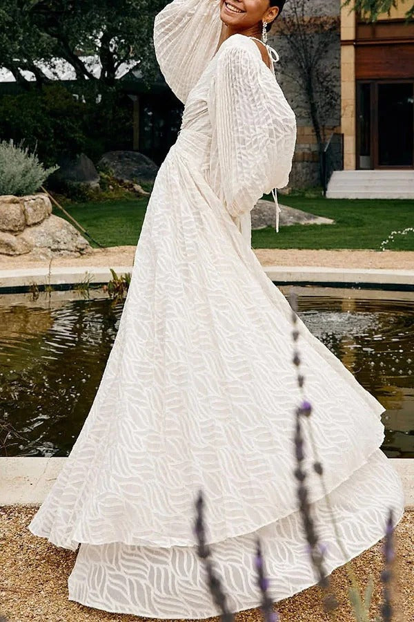 Wedding Guests Pleated Textured Chiffon Fabric Balloon Sleeve Open Back Maxi Dress