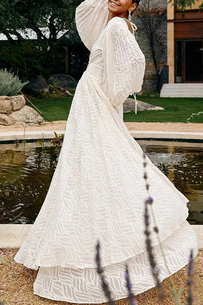 Wedding Guests Pleated Textured Chiffon Fabric Balloon Sleeve Open Back Maxi Dress