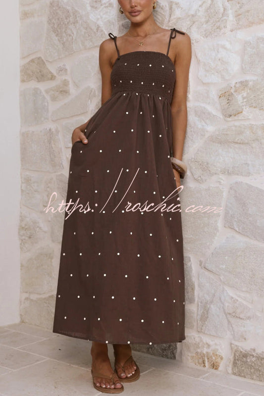 Fashionable Polka Dot Print Suspender High-waisted Pleated Casual Maxi Dress