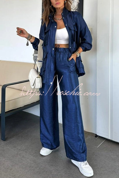 Easy on Me Metallic Fabric Elastic Waist Pocketed Wide Leg Pants (Shipped Within 24 Hours)