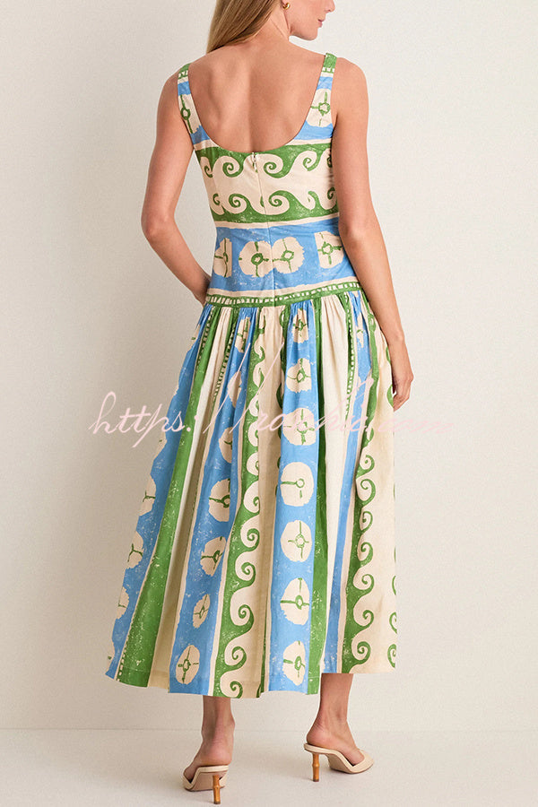 Breezy Linen Blend Fresco-inspired Print Square Neck Drop Waist Midi Dress