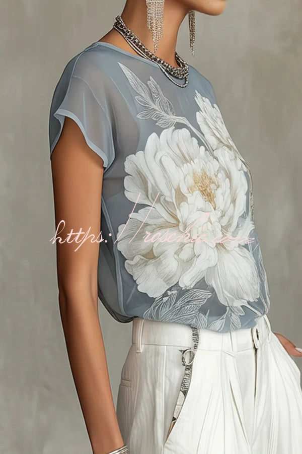 Peony Print Round Neck Chiffon Blouse