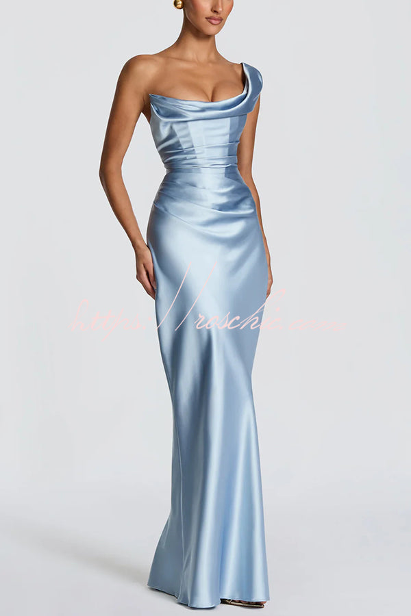 Thalassa Satin One Shoulder Scooped Neck Bias Cut Pleated Maxi Dress