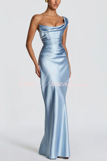 Thalassa Satin One Shoulder Scooped Neck Bias Cut Pleated Maxi Dress