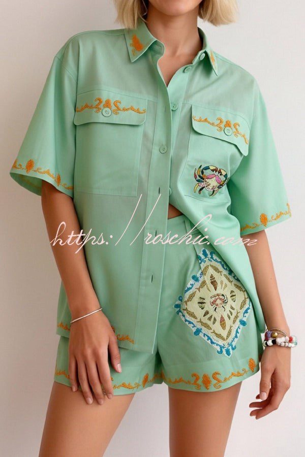 Linen Blend Loose-fitting Short-sleeved Button-down Shirt and Casual Pocket Shorts Set