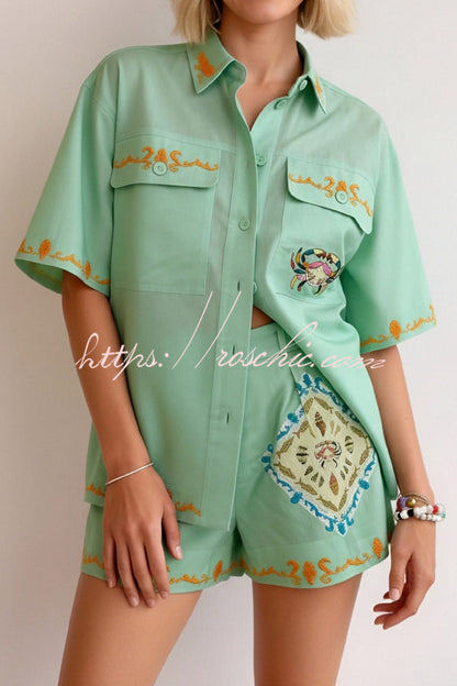 Linen Blend Loose-fitting Short-sleeved Button-down Shirt and Casual Pocket Shorts Set