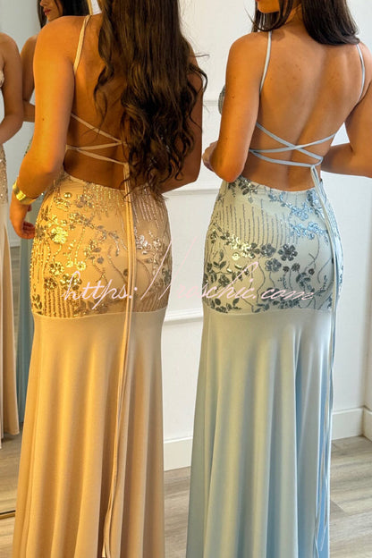 Fashionable Sequined Halter Neck Elegant Slim-fit Slit Maxi Dress