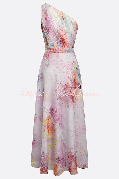 Verne Chiffon 3D Floral One Shoulder Pleated Sleeveless A-Line Gown Maxi Dress