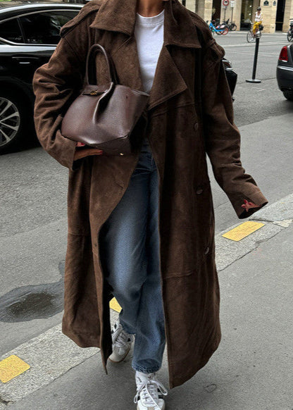 Suede Belted Long Trench Coat – Oversized Double-Breasted Brown Jacket