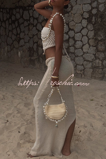 Mirina Hollow Crochet Knit Pearl Trim Heart Collar Crop Vacation Tank