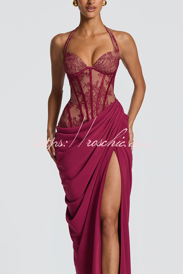 Bonita Floral Lace Contrast Structural Detail Asymmetrical Pleats Halter Slit Maxi Dress