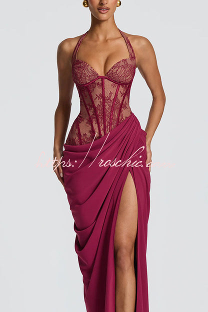 Bonita Floral Lace Contrast Structural Detail Asymmetrical Pleats Halter Slit Maxi Dress
