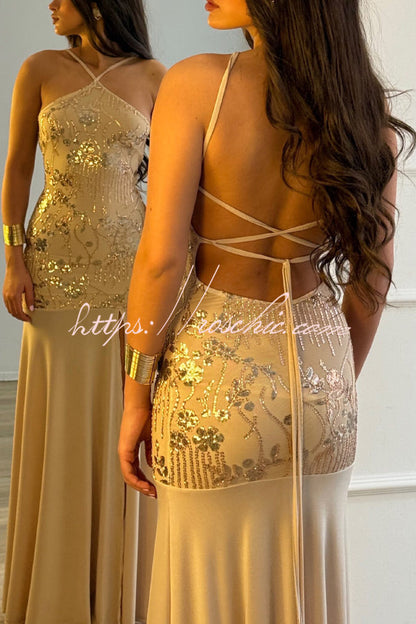 Fashionable Sequined Halter Neck Elegant Slim-fit Slit Maxi Dress