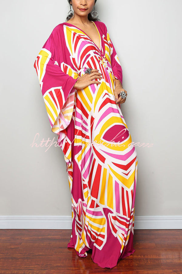 Unique Print Loose V-Neck Batwing Sleeve Casual Maxi Dress